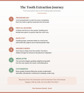 Infographic showing the tooth extraction procedure steps before braces treatment