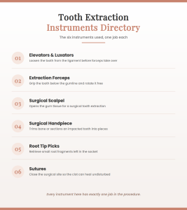 Tooth extraction instruments directory showing elevators, forceps, luxators and surgical tools used in a tooth extraction procedure