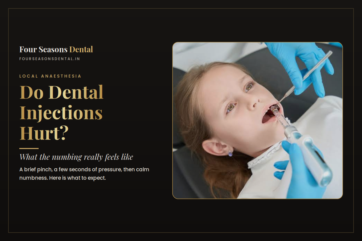 Dentist explaining a dental injection to a calm patient, answering whether dental injections hurt and what the numbing feels like