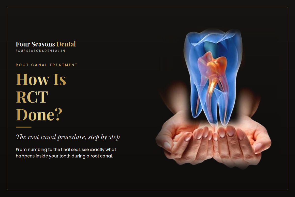 Dentist explaining how is RCT done to a patient before a root canal procedure at Four Seasons Dental