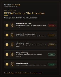 RCT in dentistry procedure infographic showing the stages of root canal treatment from X-ray to crown